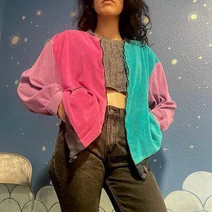80s vintage colorblock terry zip-up jacket, L